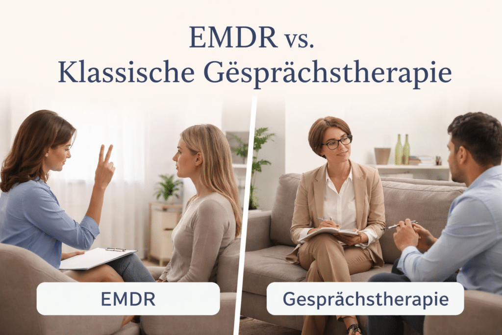 Nutze ein Bild, das eine ruhige Therapiesituation zeigt oder eine abstrakte Darstellung von Vernetzung/Gehirnaktivität. Benenne die Bilddatei: emdr-traumatherapie-duesseldorf-neuroplast.jpg. EMDR vs. klassische Gesprächstherapie