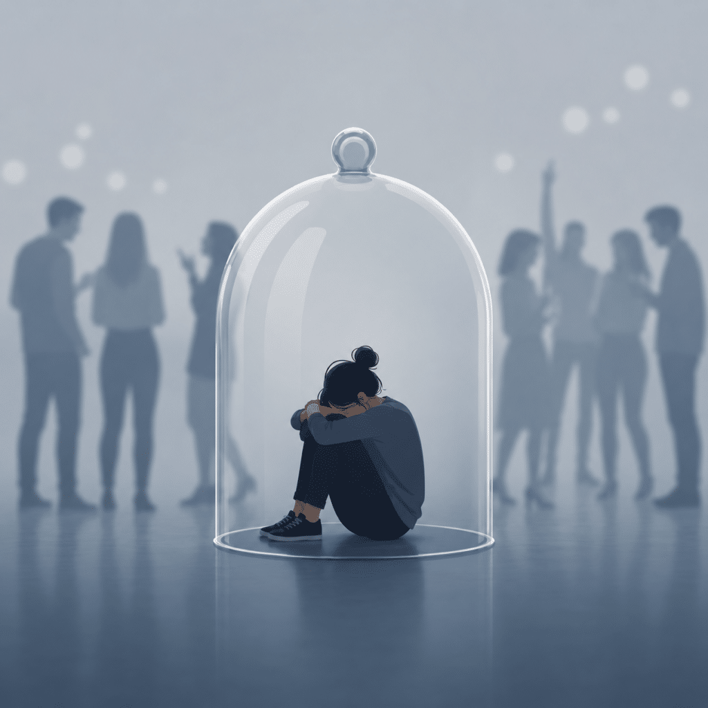 Illustration zum Thema soziale Phobie: Eine Person sitzt isoliert unter einer gläsernen Glocke, die soziale Angst und die Isolation symbolisiert. Im unscharfen Hintergrund ist eine Gruppe von Menschen angedeutet, was die ausgeprägte Schüchternheit und Angst vor Ablehnung verdeutlicht.