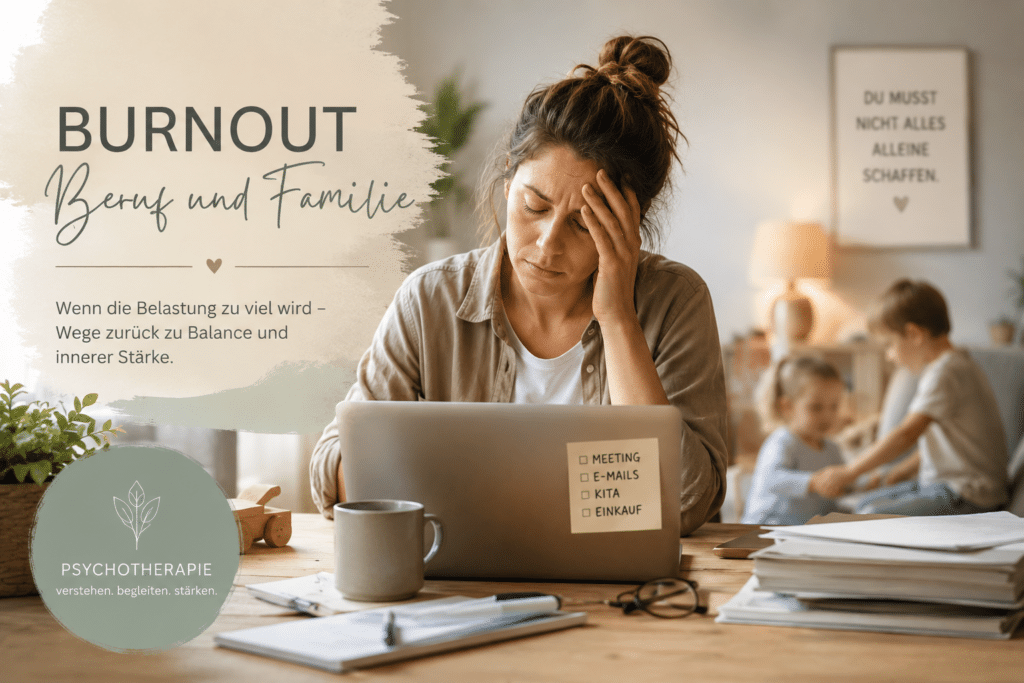 Erschöpfte Mutter im Spagat zwischen Familie und Beruf sucht Wege aus dem Burnout bei Eltern.