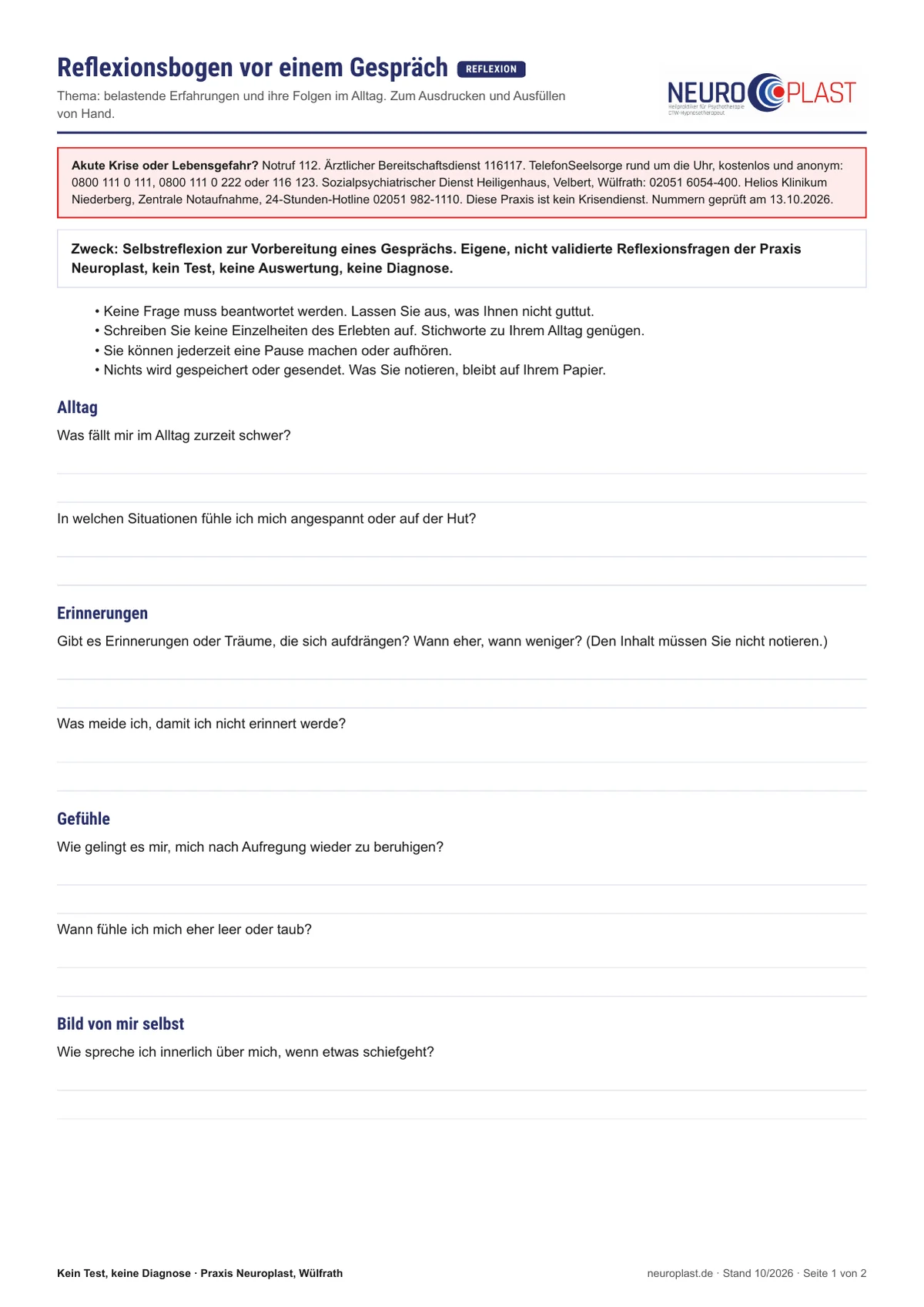 Vorschau des Reflexionsbogens mit offenen Fragen zu Alltag, Gefühlen und Beziehungen