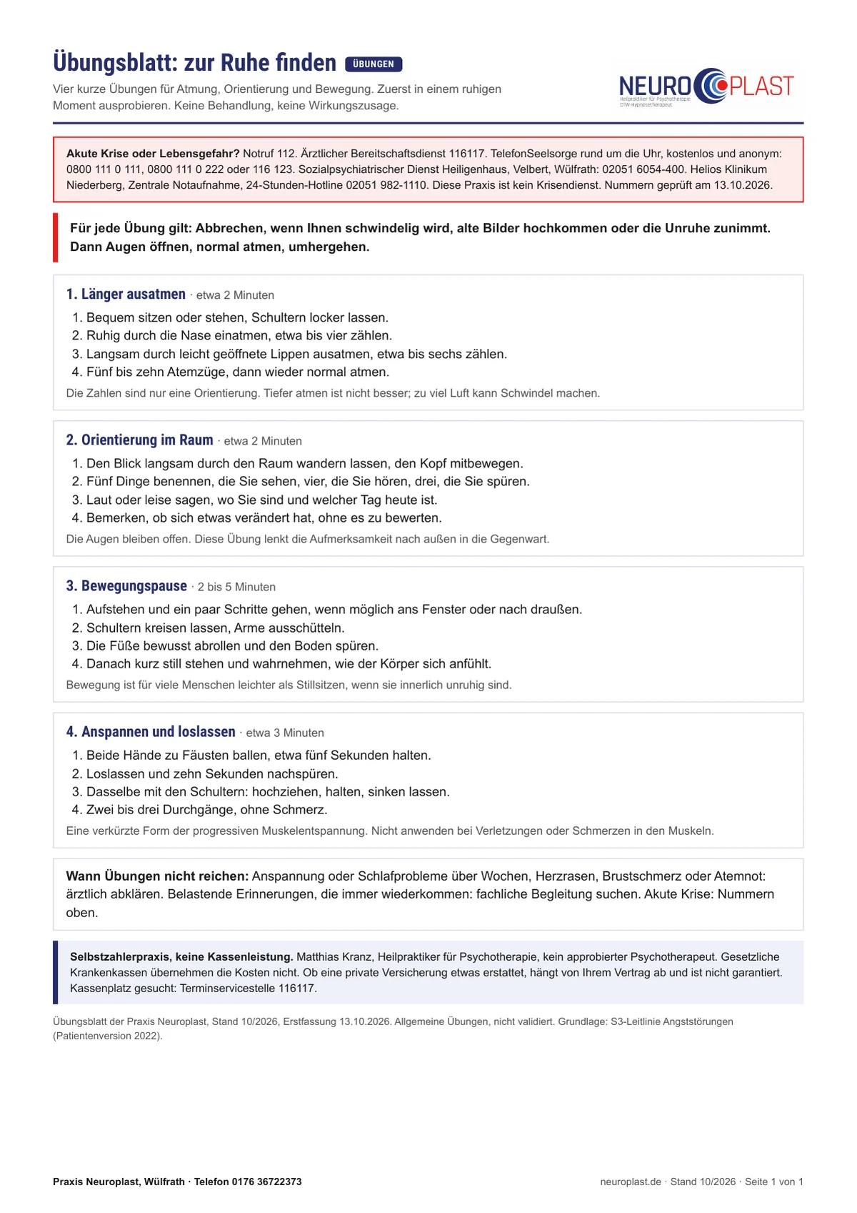Vorschau des Übungsblatts mit vier Übungen für Atmung, Orientierung, Bewegung und Anspannen und Loslassen