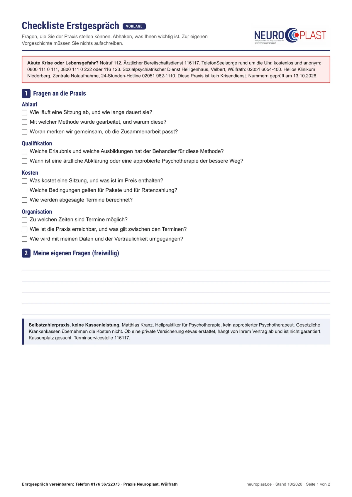 Vorschau der Checkliste Erstgespräch mit Fragen zu Ablauf, Qualifikation, Kosten und Organisation